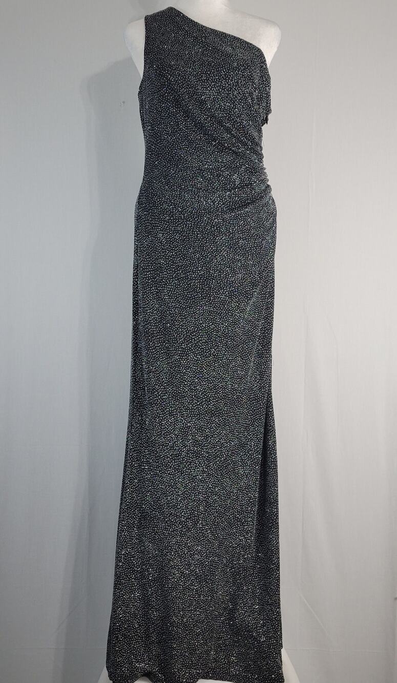 Eliza J One Shoulder Ruched Shimmer Gown size 14 Black Silver Prom Whimsigoth